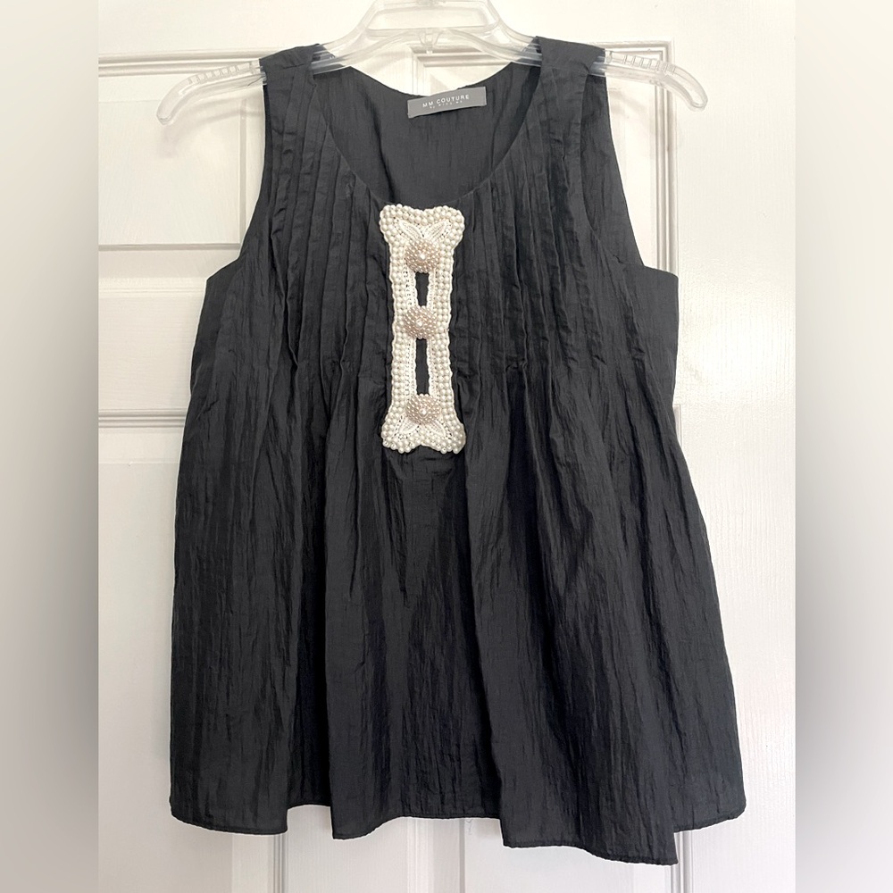 Taffeta like Black Sleeveless Top with Pearl Detail